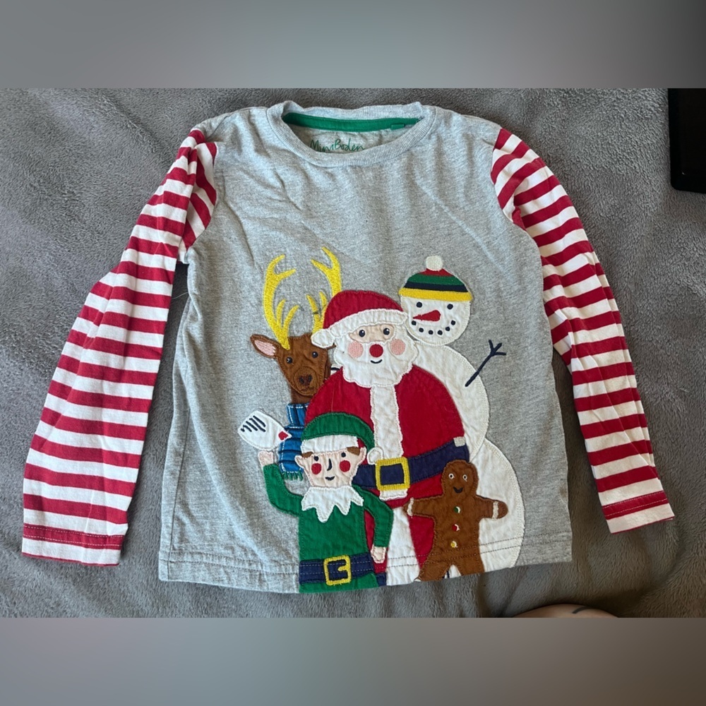 Mini Boden Gray Long Sleeve Tee with Red Stripes and Festive Characters